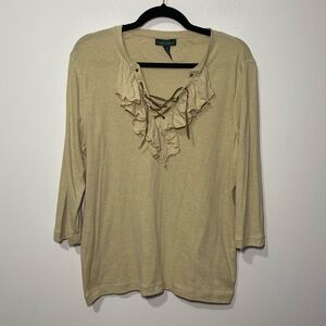 Lauren Ralph Lauren women’s Tan lace up ruffle equastrian 3/4 sleeve top in 2X